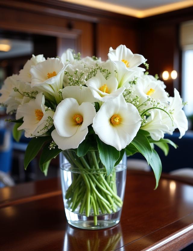 Strategic floral placement in a luxury yacht salon